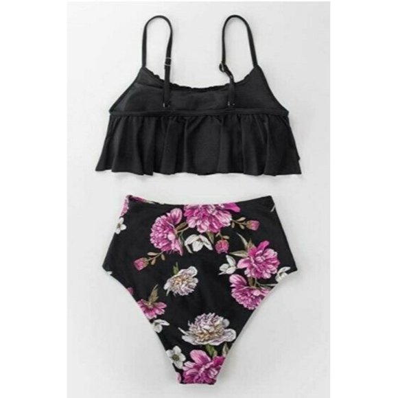 Women's High Waisted Falbala Flower Print Bikini Set Ruffled Top Size L - Picture 2 of 3